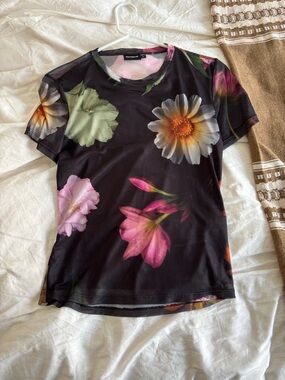 Desigual Black Short Sleeve Tee with Multicolor Floral Print